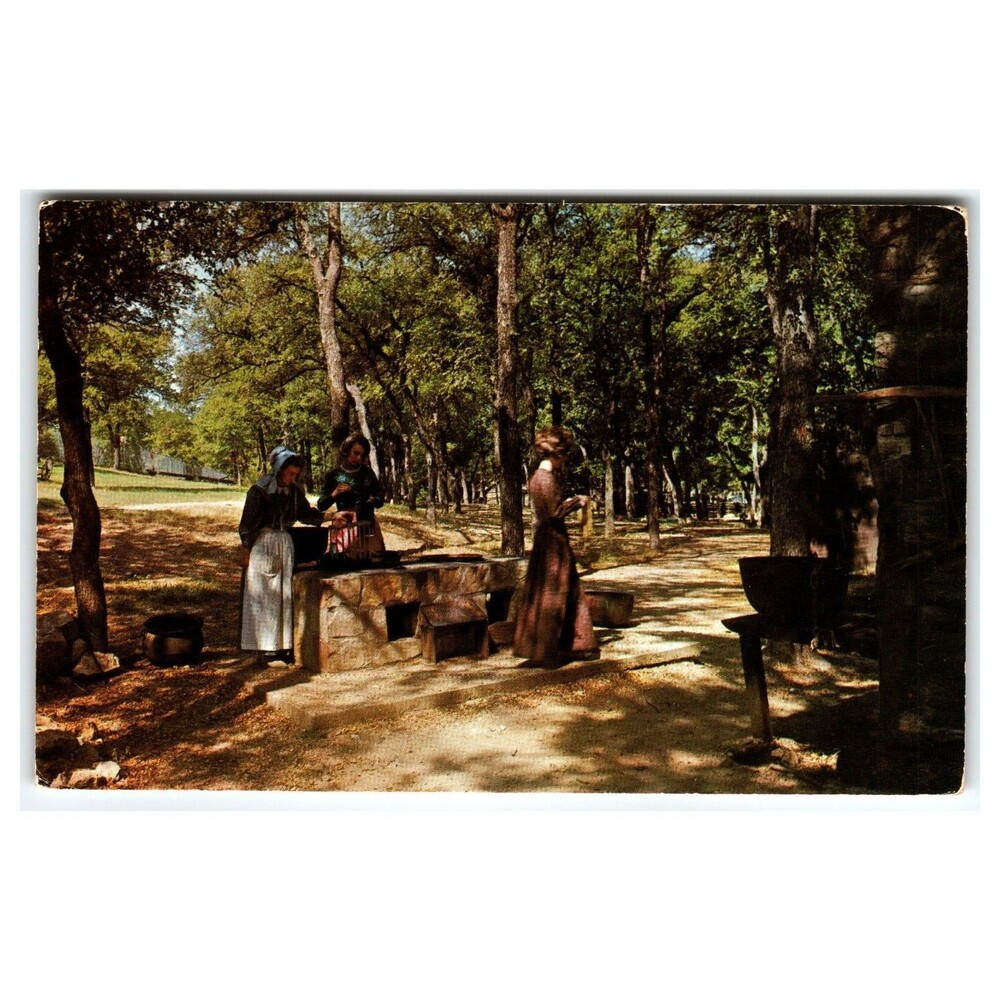 Log Cabin Village Fort Worth TX Postcard 1950s Pioneer Candle Making Women